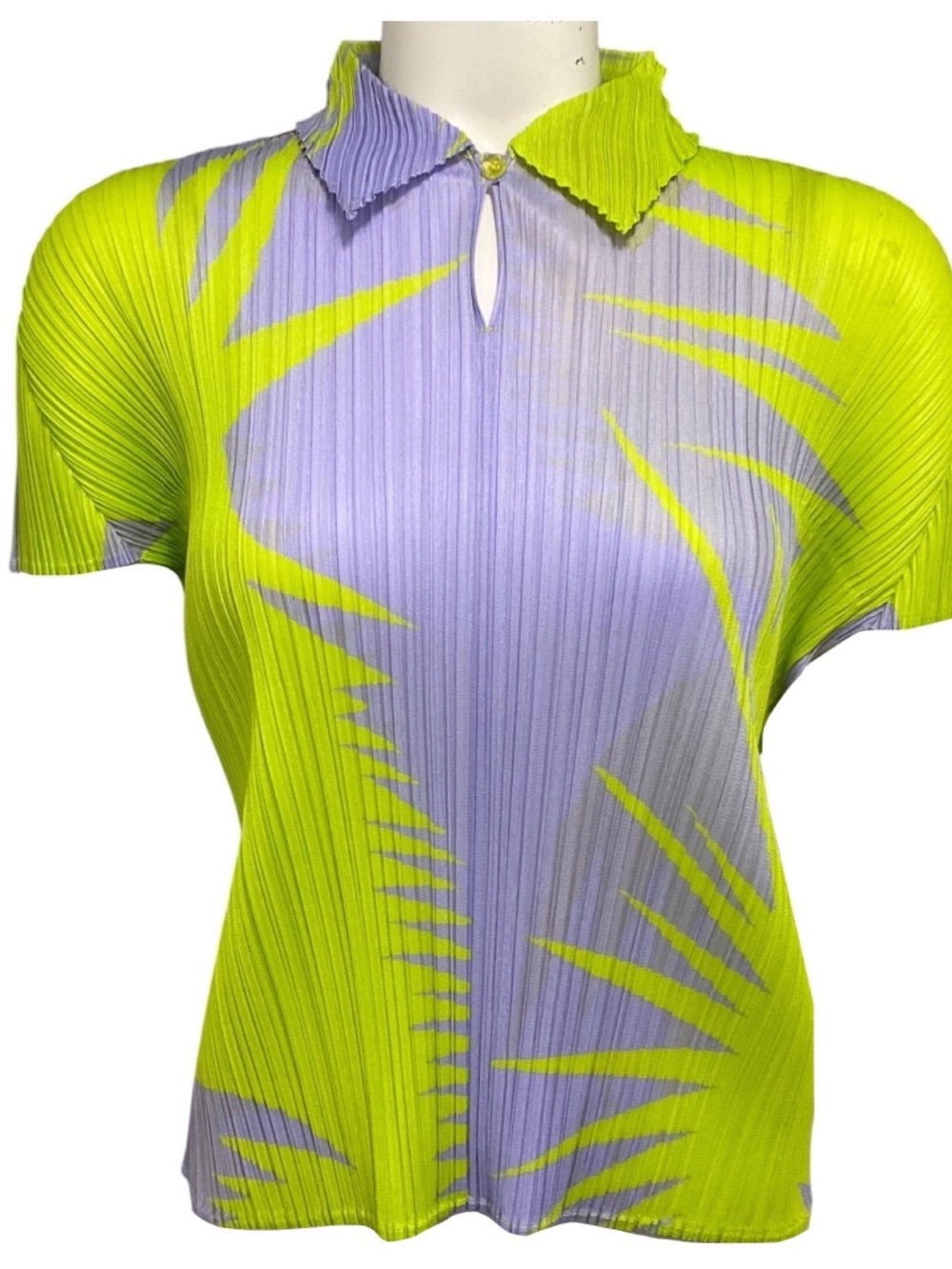 PLEATS PLEASE BY ISSEY MIYAKE LIME GREEN / LAVENDER PURPLE PLEATED SHORT SLEEVED